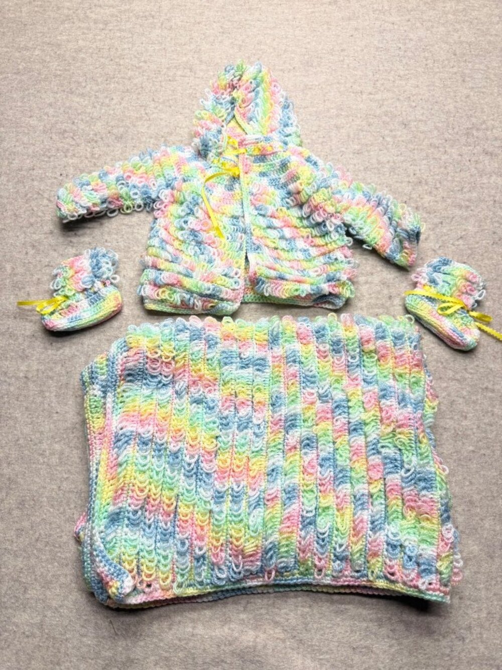 Vintage Handmade Knit Acrylic Newborn Infant Cardigan Blanket Set Unisex